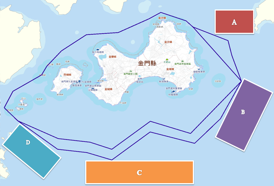 Vier Hotspots in den Gewässern um die Inselgruppe Kinmen, in denen Schiffe der chinesische Küstenwache positioniert sind (Bild: Marine Taiwan)