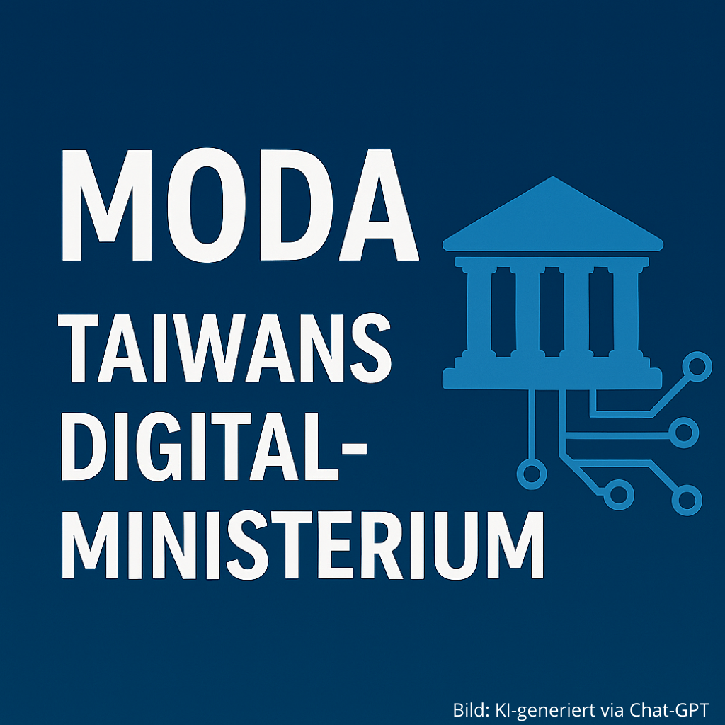 Taiwan hat im Jahr 2022 ein eigenes Ministerium für digitale Angelegenheiten gegründet: MODA, kurz für Ministry of Digital Affairs. (Grafik KI-generiert via ChatGPT)