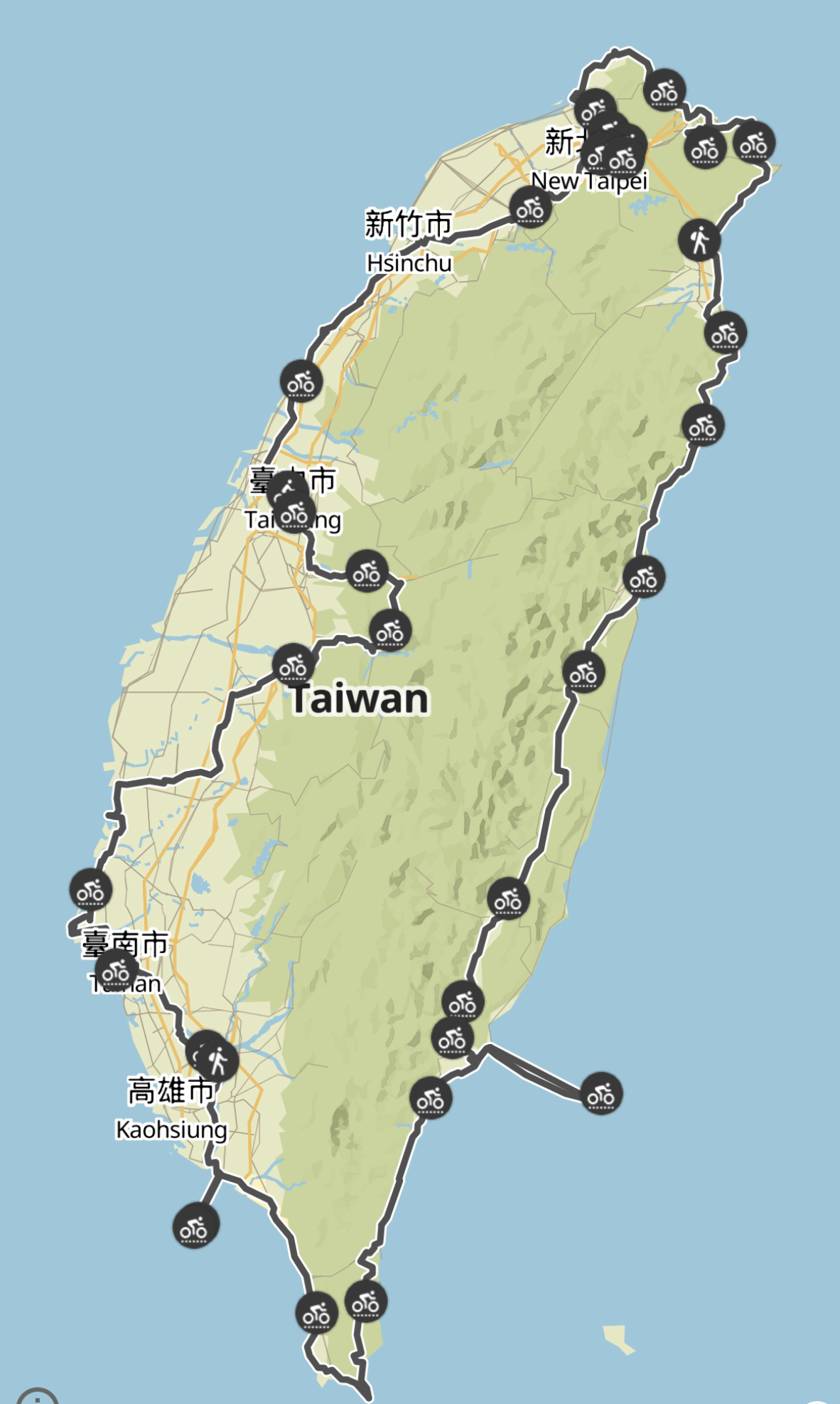 Dennis Fahrradroute in Taiwan mit zwei Insel-Abstechern: Lüdao und Liuqiu. (Grafik: Dennis)