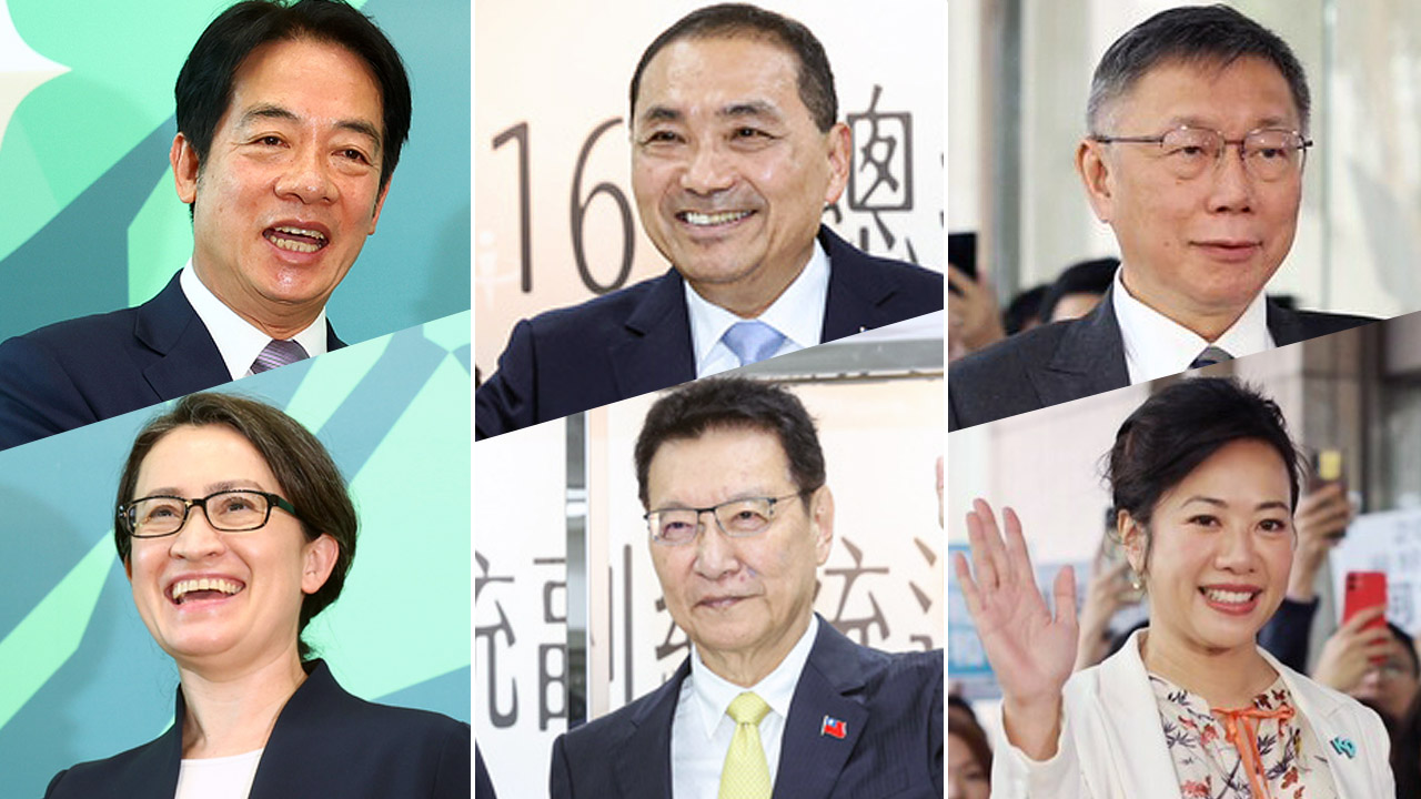 Presidential candidates Lai Ching-te, Hou Yu-ih and Ko Wen-je (from left) and their running mates Hsiao Bi-khim, Jaw Shaw-kong and Cynthia Wu. (Photo: CNA)