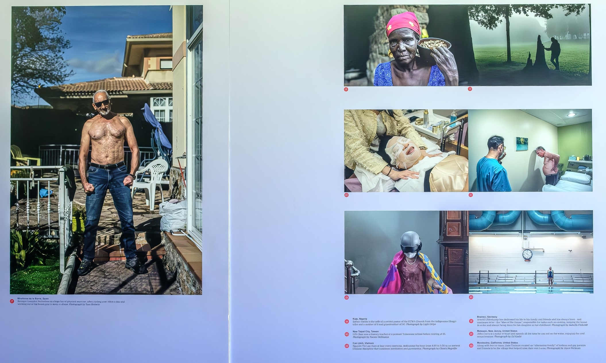 1 in 6 by 2030 explores aging across the world. In Taiwan, Chen Lin, a retired teacher, takes care of her health at a spa as seen in the center photograph (Photo: Naomi Hellman).