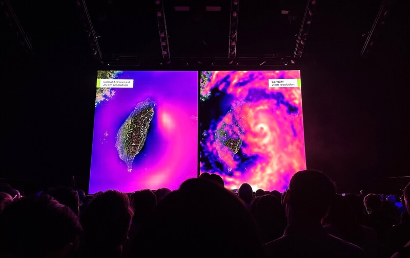 Using Nvidia’s Generative Correction Diffusion Model (CorrDiff), Huang elaborates that the resolution of extreme climate events can be zoomed in from 25 kilometers to 2 kilometers, with 1,000 times the calculation speed and 3,000 times the energy efficiency of traditional weather models. (Photo: CNA)