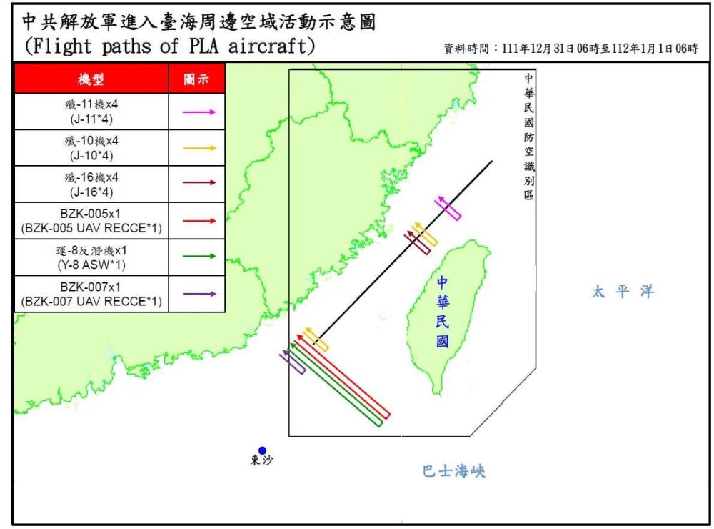 Incursions d'avions militaires chinois au-delà de la ligne médiane du détroit lors du nouvel an (document fourni par le ministère taïwanais de la Défense)