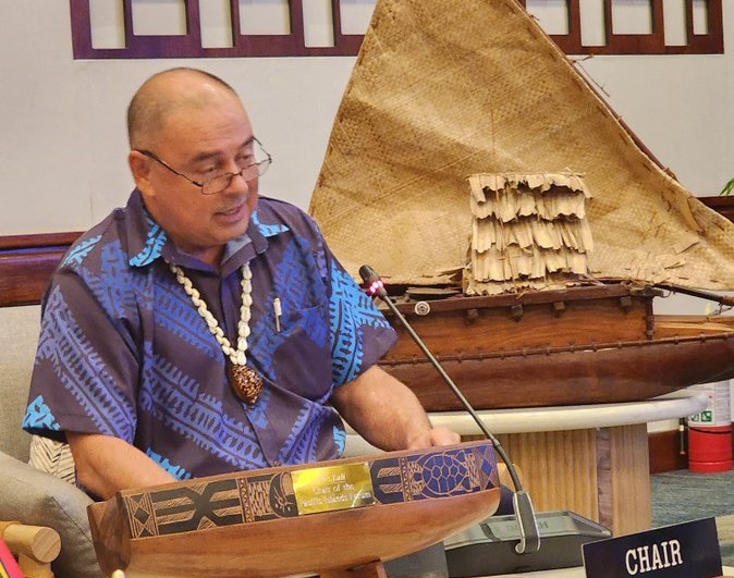 Mark Brown, Premier ministre des Iles Cook lors du Forum 2023 des îles du Pacifique (photo : @Huakavameiliku)