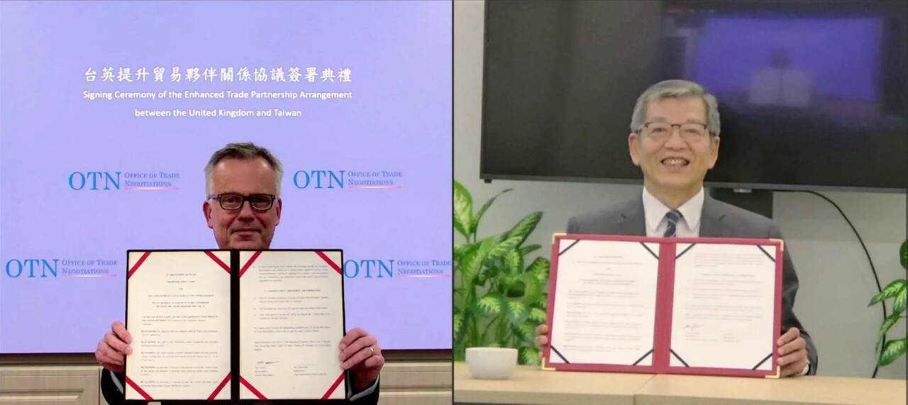 Signature d'un accord de coopération commerciale entre Londres et Taipei (Image : Bureau économique et commercial du Yuan exécutif)