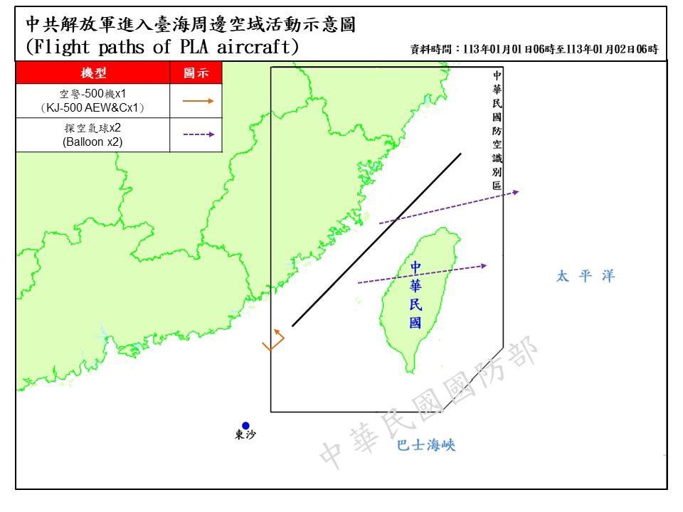 Carte fournie le 2 janvier 2024 par le ministère de la Défense à propos de la trajectoire des deux ballons-sondes chinois