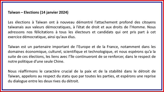 Communiqué du Quai d'Orsay après les élections à Taïwan (source : ministère des Affaires étrangères français)