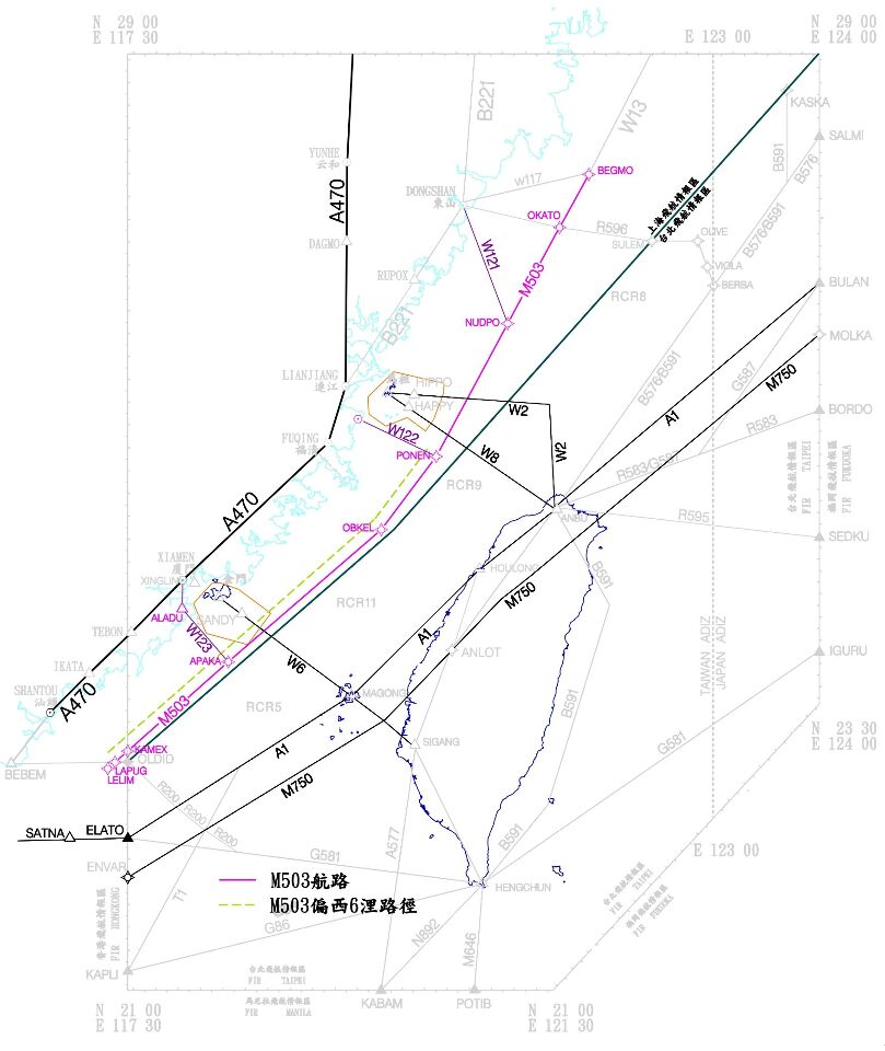 Les couloirs aériens dans le détroit de Taïwan (image bureau aviation civile)