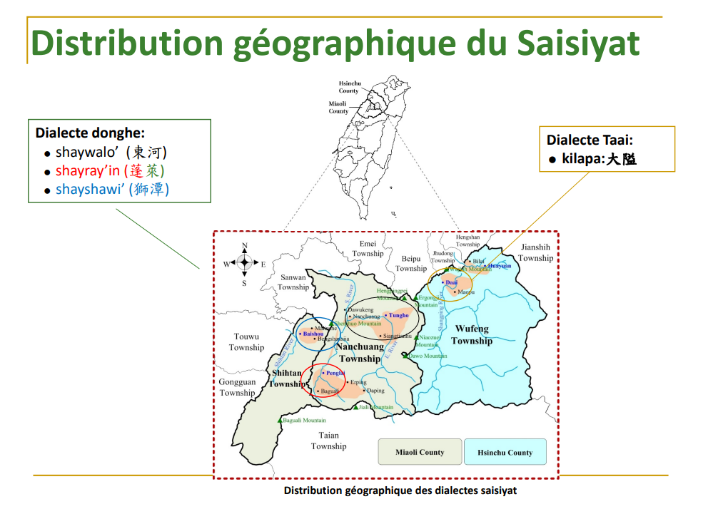 Distribution géographique du Saisiyat (image créée par Lin Chih-Hsien 林志憲, transmise par Elizabeth Zeitoun, aimable crédit)