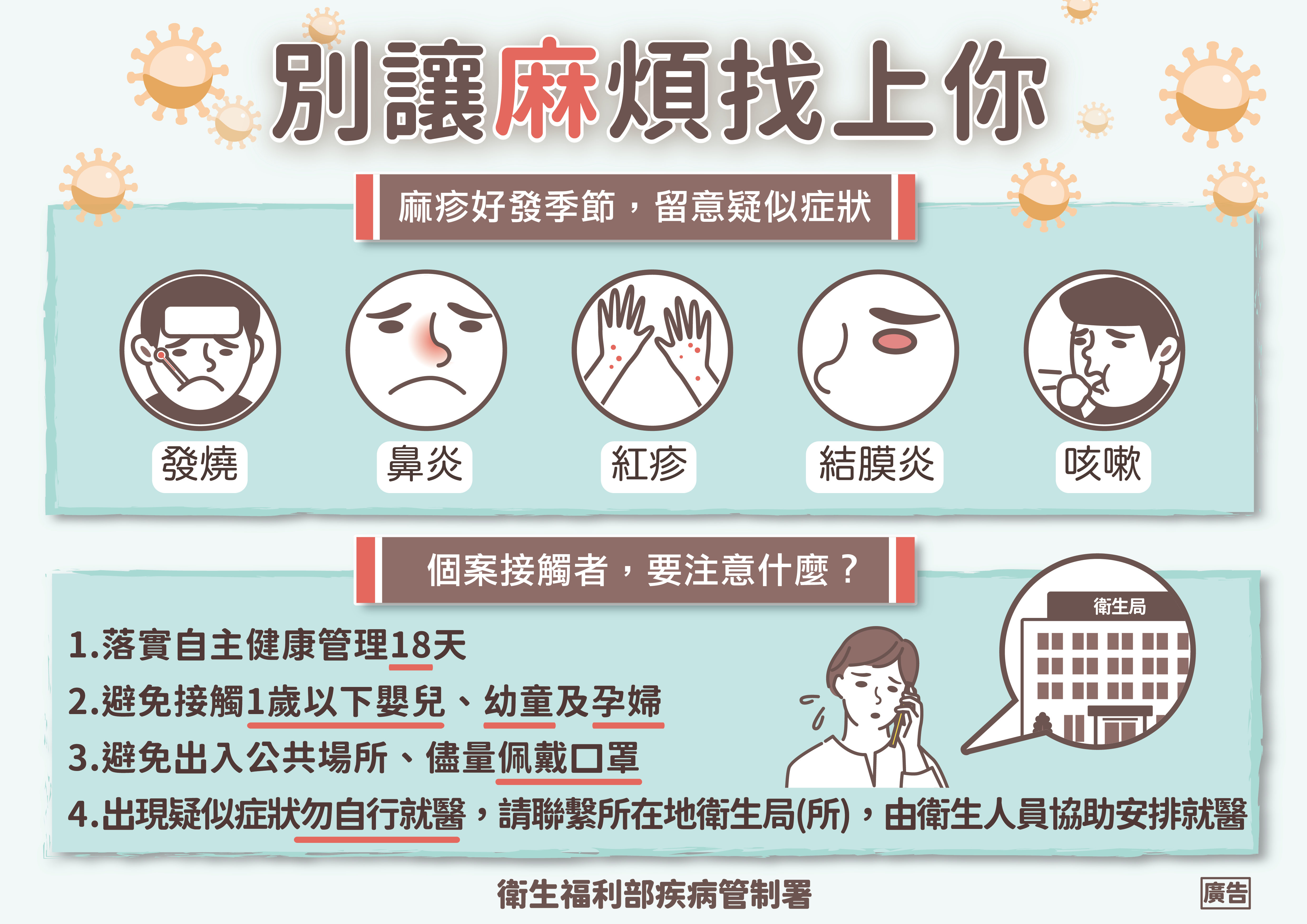 Campagne du CDC indiquant les symptômes de la rougeole et la procédure à suivre en cas de contamination (photo CDC)