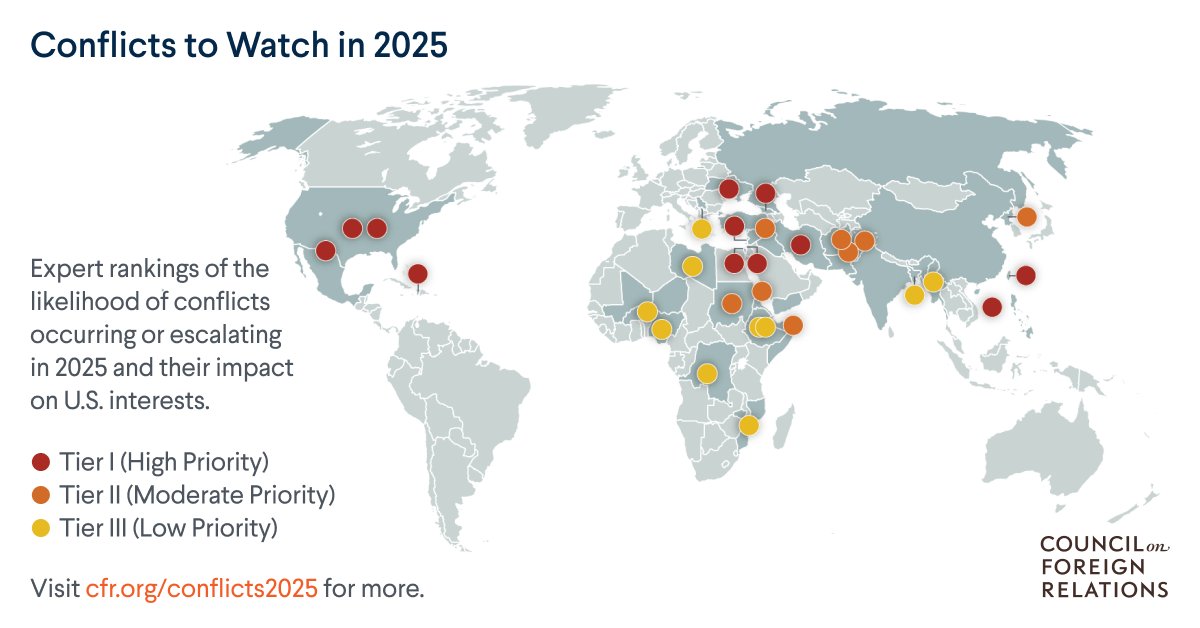 Conflits listés comme à risque en 2025 pour les intérêts des États-Unis (image : @CFR_org)