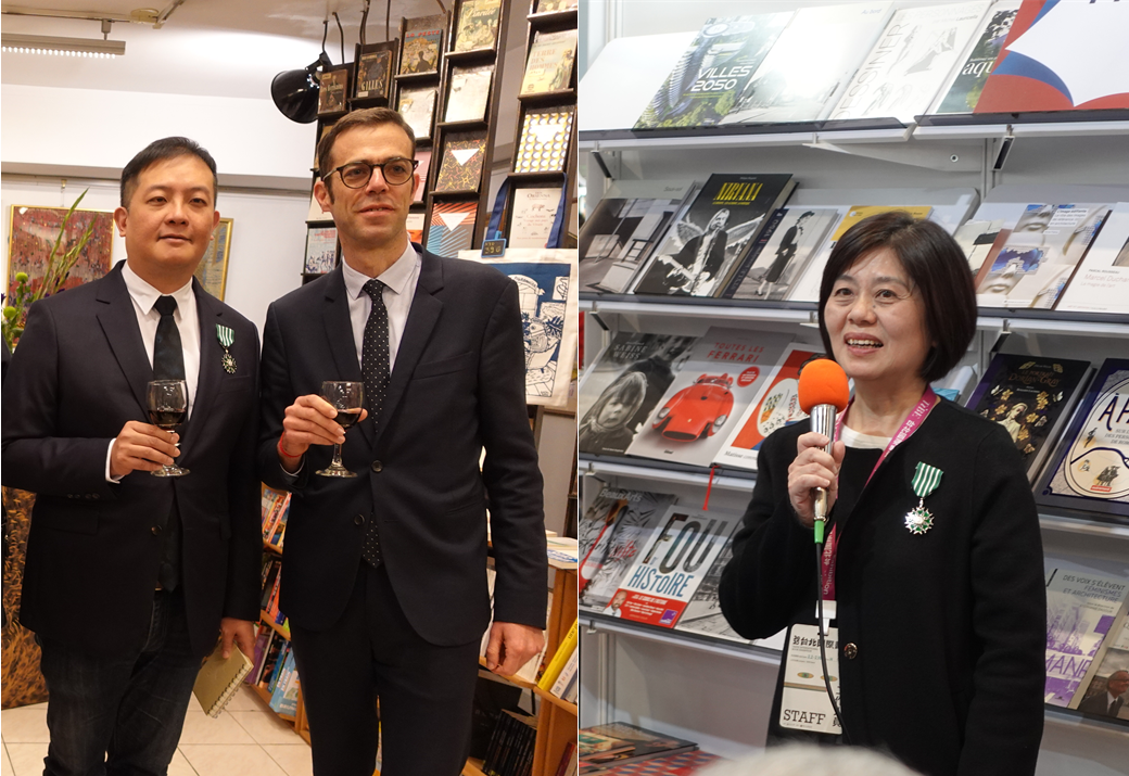 Remise des insignes de Chevalier des Arts et des Lettres au traducteur-interprète Christophe Chan (gauche) et à la directrice du Tibe Wang Hsiu-yin (droite)  par le directeur du BFT Franck Paris (centre) (photos Rti)