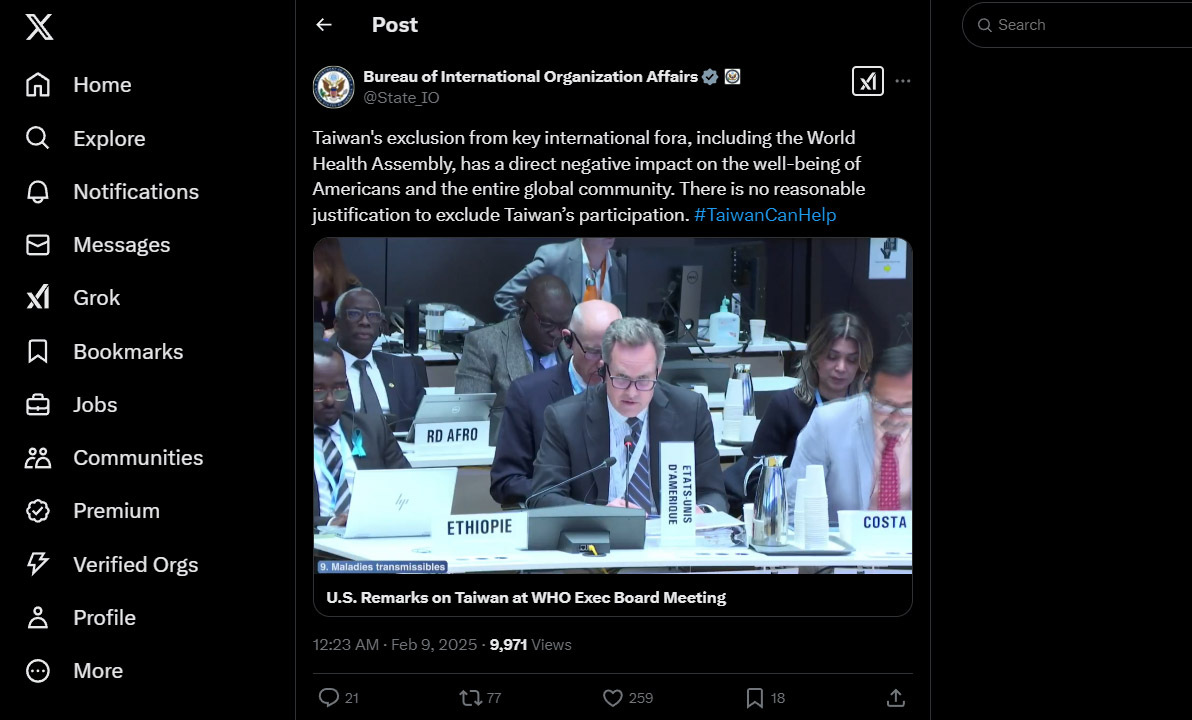 Les Etats-Unis soutiennent la participation de Taïwan à l'OMS (réseau social X du Bureau of International Organisation Affairs du Département d'Etat américain)