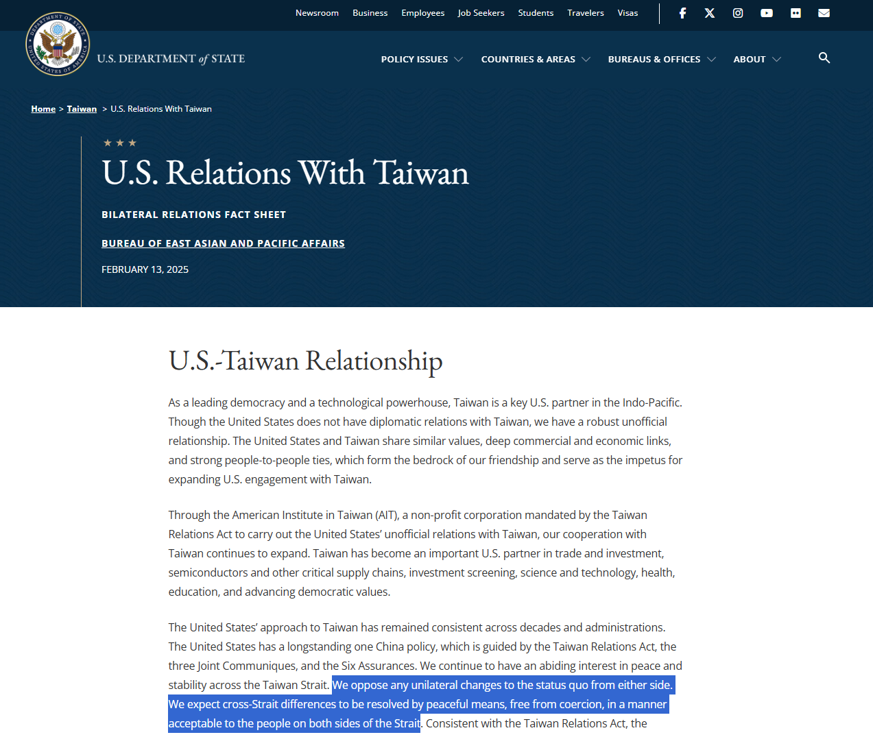 Le texte sur le site du département d'Etat américain concernant la situation dans le détroit de Taïwan