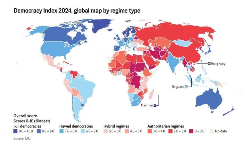 Index de démocratie dans le monde en 2024 (source :The Economist)