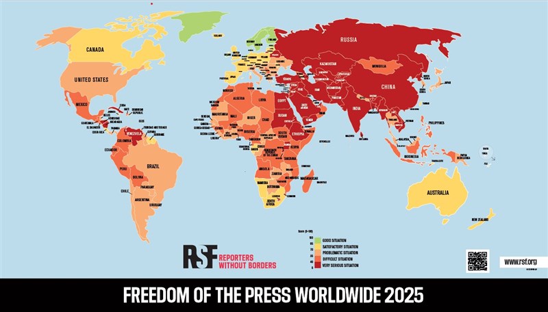 Taïwan figure au 24e rang de l'Indice 2025 de la liberté de la presse dans le monde publié par Reporters Sans Frontières ce vendredi 2 mai (carte RSF)