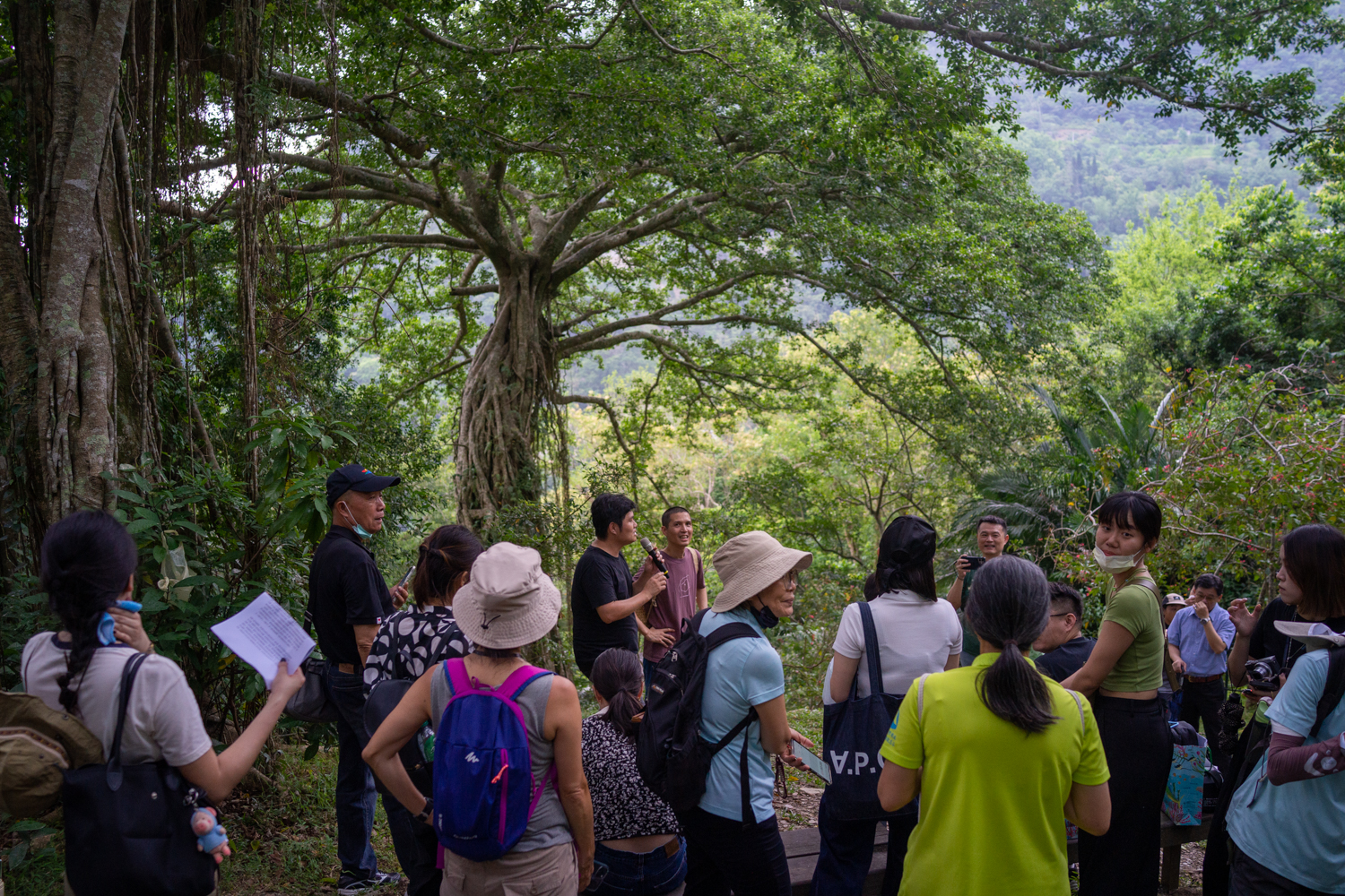 Eric Chen s'exprime sous le banian qui a attiré son attention dès la première visite, à côté du commissaire d'exposition Ye Yu-hsin (t-shirt mauve) (photo : Sasa)