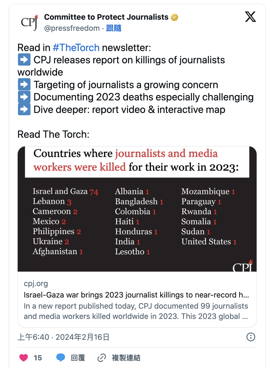 Tahun 2023: Seluruh Dunia 99 Jurnalis Terbunuh, 77 Jurnalis Tewas Dalam Konflik Israel-Hamas