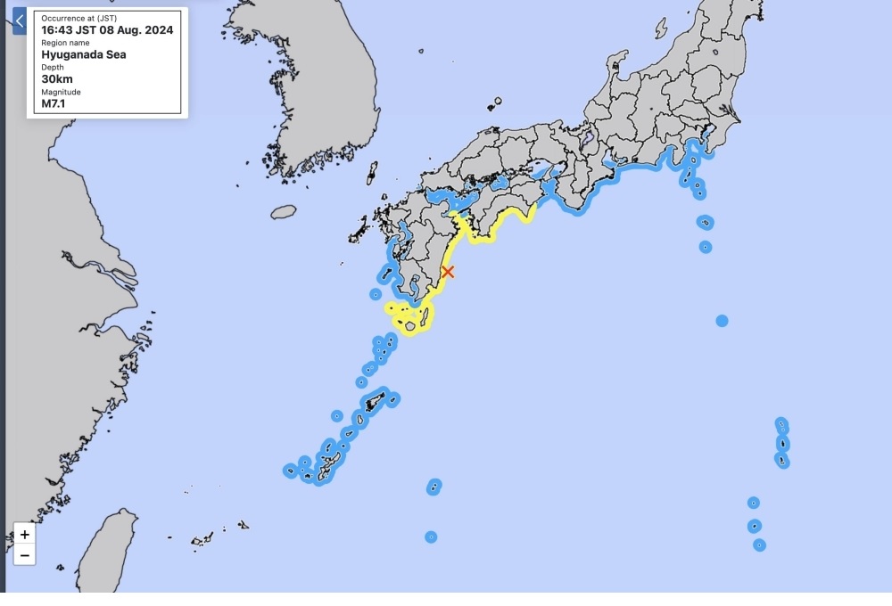 Gempa di sisi selatan Kyushu, Jepang pada hari ini, 8 Agustus 2024 berkekuatan magnituo 7,1