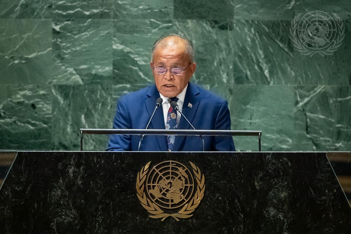 마셜제도의 데이비드 카부아(David Kabua) 대통령이 현지시간으로 20일 유엔총회에서 변론중이다. - 사진: UN Photo/Laura Jarriel