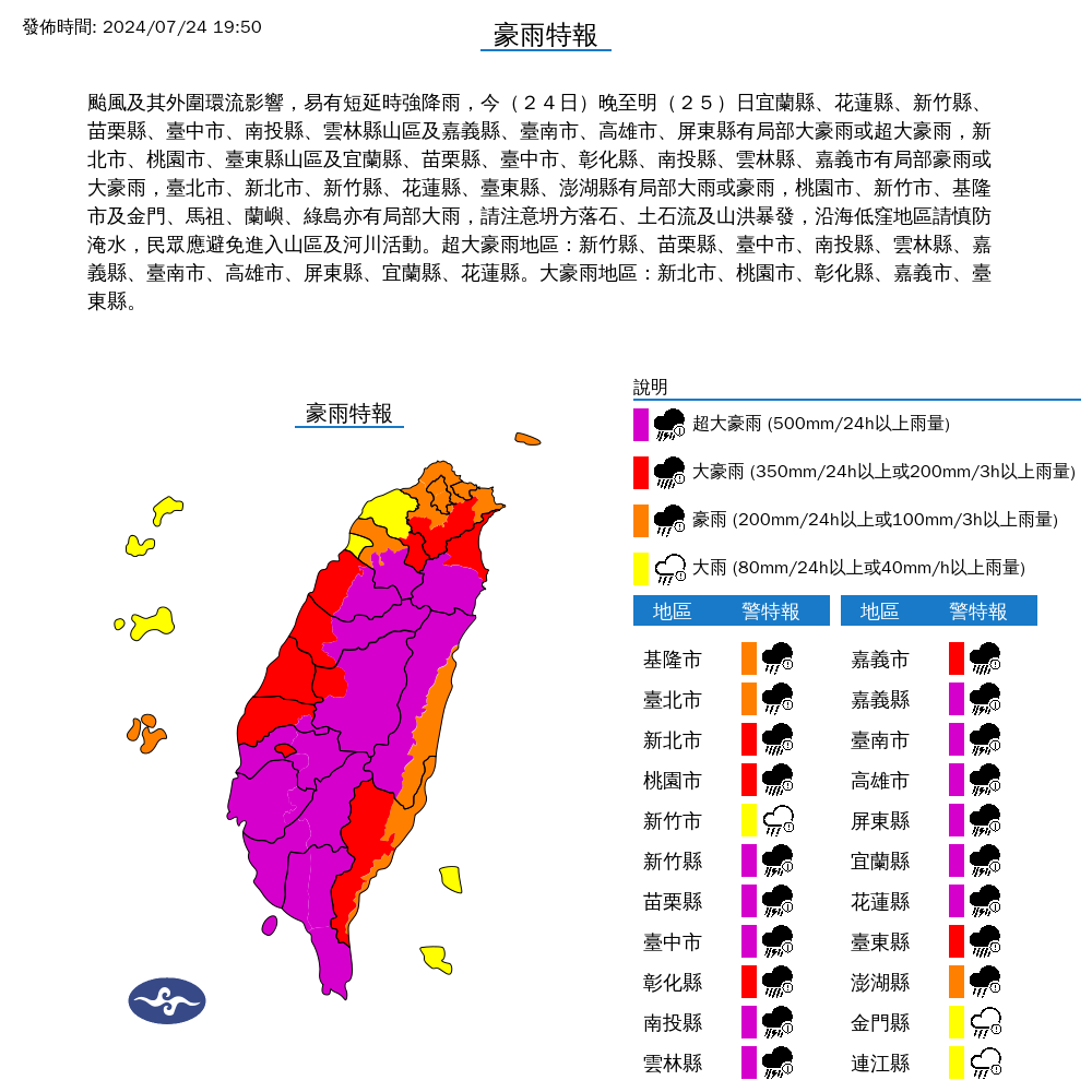 중앙기상서가 24일 저녁 7시50분에 홈페이지에서 발표한 호우주의보 이미지.  -사진: 중앙기상서 홈페이지 캡쳐
