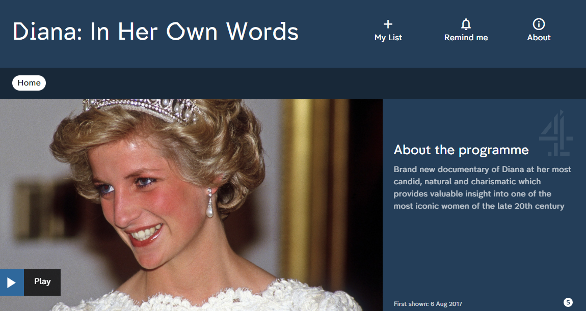 英國「第四頻道」(Channel 4)紀錄片「黛安娜：她的自述」(Diana: In Her Own Words) (網路圖片)