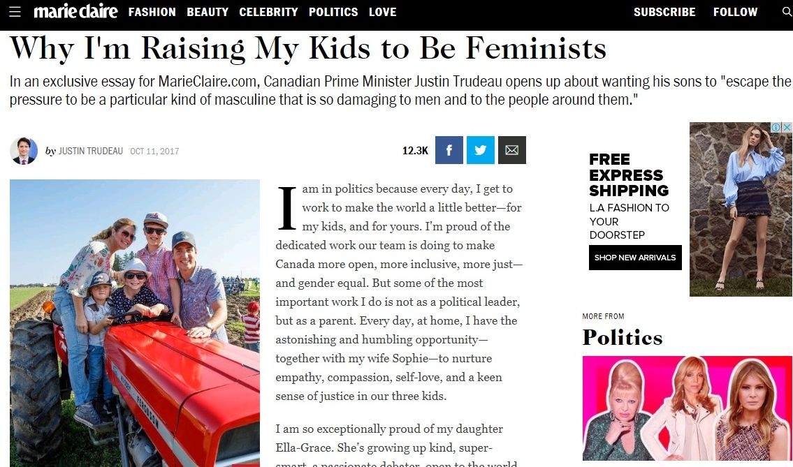 加拿大總理杜魯道在一篇11日刊出的短文中寫道，養育孩子時，男孩必須受到與女孩相同的教育，成為女權主義者，因為「我們的兒子有力量與責任，來改變性別歧視的文化」。