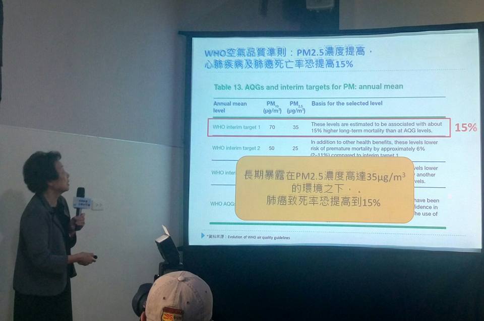 台灣癌症基金會說明PM2.5增加肺癌死亡率。（張德厚 攝）
