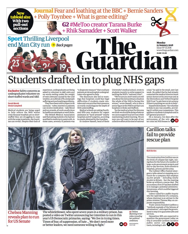 英國「衛報」(Guardian)為削減成本，15日將開始採用新的四開小報版式，與重新設計過的簡單黑字報頭。(圖：衛報官網)