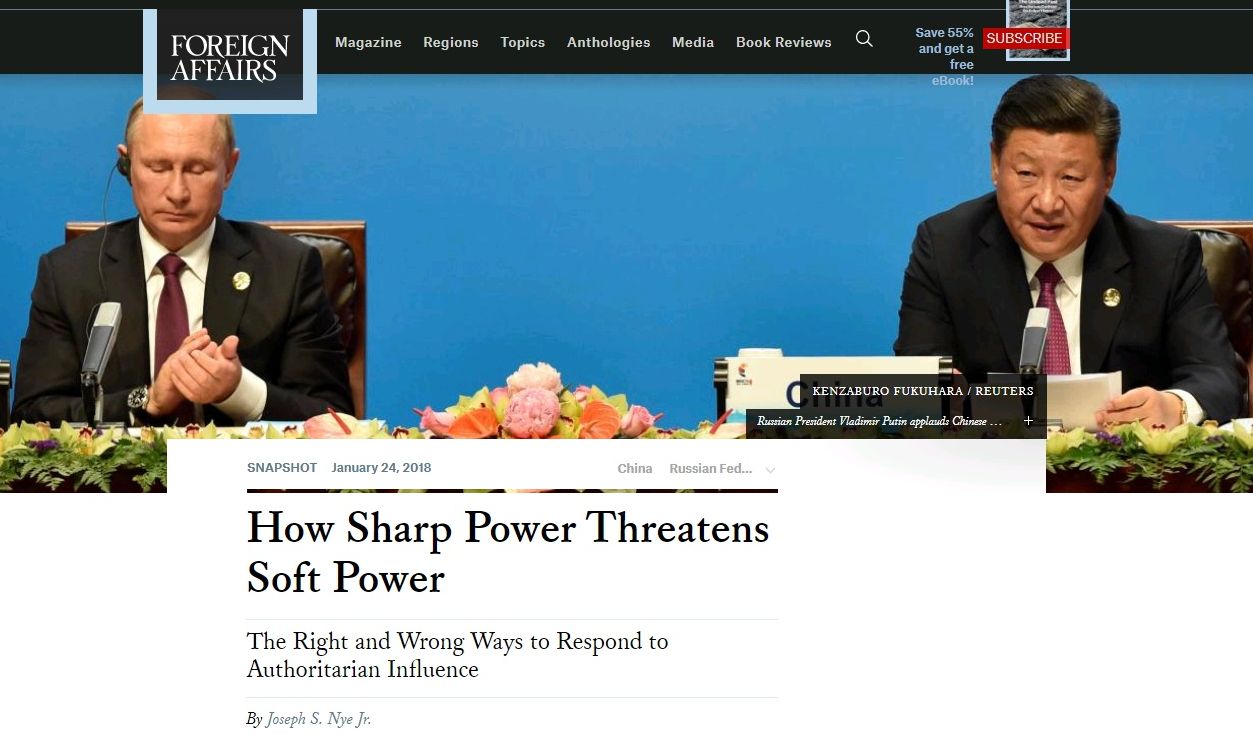 美國知名雙月刊「外交事務」雜誌26日刊出，美國哈佛大學教授奈伊以「銳實力如何威脅軟實力」為題的文章。 (圖:外交事務網站)