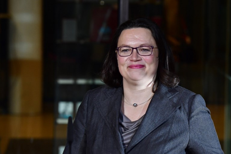 德國社民黨(SPD)內定下一任黨魁那勒斯(Andrea Nahles)。(AFP)