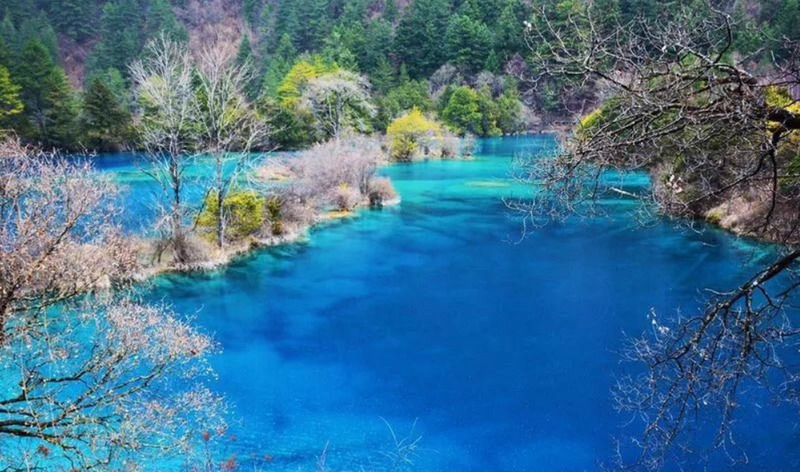 圖為九寨溝2月迎接初春的美景。（取自阿壩藏族羌族自治州旅遊官方微博）