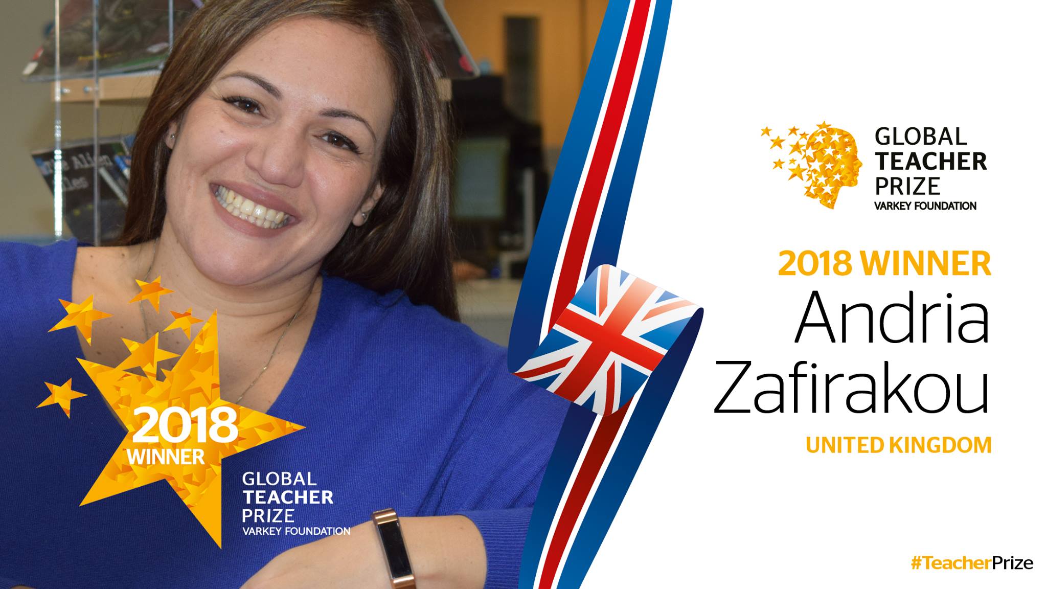 英國美術老師卓菲拉庫(Andria Zafirakou)18日在杜拜眾星雲集的頒獎典禮上，獲頒2018年全球教師獎(Global Teacher Prize)，抱回100萬美元(約新台幣2,940萬元)獎金。(圖：全球教師獎臉書)