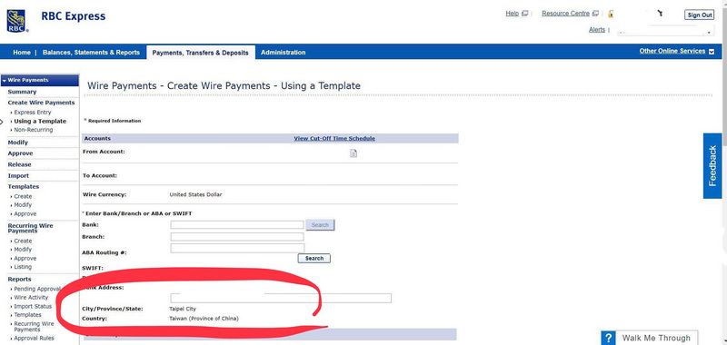 加拿大皇家銀行（RBC）官網將台灣標註為「中國省份」。RBC表示系統將因應客戶需求更新，改變台灣陳列方式。（取自RBC官網）<br />(圖：中央社)