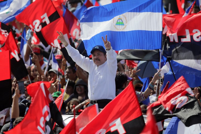 尼加拉瓜總統奧蒂嘉(Daniel Ortega)19日出席革命39週年紀念活動。 (AFP)
