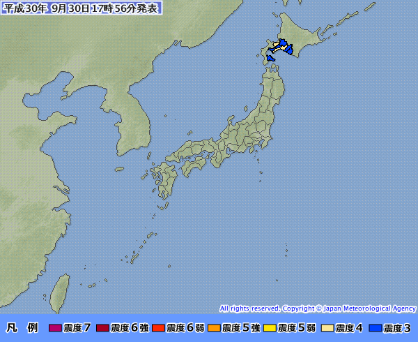 日本放送協會(NHK)報導，北海道膽振地方在日本時間30日下午5時54分(台灣時間今天下午4時54分)發生芮氏規模5的有感地震，但並無引發海嘯威脅。(翻攝自日本氣象廳)