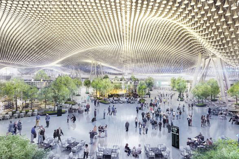 桃園國際機場第三航廈主體工程今年開標兩次都流標，桃園國際機場公司將檢討變更設計，將評估原本在出境大廳天花板上的13萬朵花瓣造型鋁管是否捨棄。（桃機公司提供）<br />(圖：中央社)