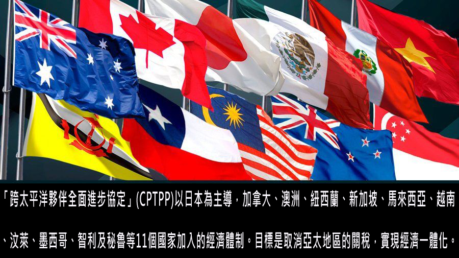 「跨太平洋夥伴全面進步協定」(CPTPP)以日本為主導，加拿大、澳洲、紐西蘭、新加坡、馬來西亞、越南、汶萊、墨西哥、智利及秘魯等11個國家加入的經濟體制。目標是取消亞太地區的關稅，實現經濟一體化。(合成圖)