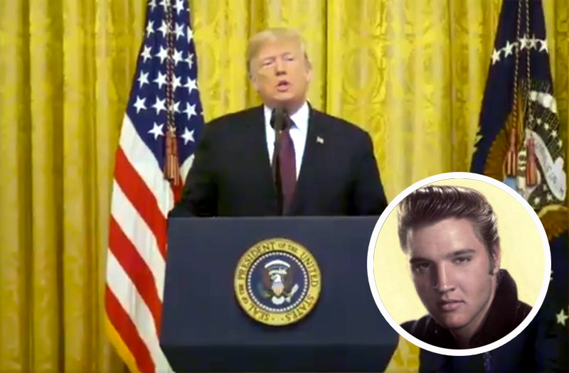 美國總統川普在首次主持的「總統自由獎章」頒獎典禮上，為貓王(右下)追頒榮譽獎章。(合成圖 / 翻攝自川普、貓王推特)