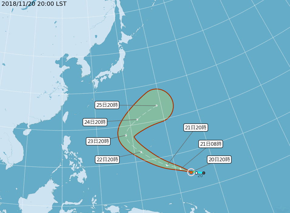 中央氣象局20日觀測，今年第28號颱風萬宜晚間形成，對台灣不會有影響。(圖：中央氣象局)