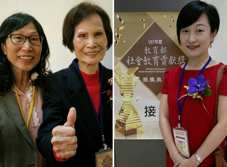 92歲的劉陳炎(左圖右)在嘉義市府與榮民醫院擔任志工30多年，她的女兒劉美秀(左圖左)在她的號召下，至今也當了30多年志工；多年來致力提升東南亞移工權益的廖雲章(右圖)，今年也榮獲社教貢獻獎。(陳國維 攝)