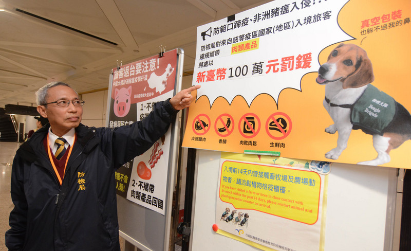 新修正的動物傳染病防治條例14日生效，為防範非洲豬瘟疫情擴散到台灣，自疫區攜入豬肉及豬肉製品者，將裁處新台幣5萬元以上、100萬元以下罰鍰。(圖：中央社)