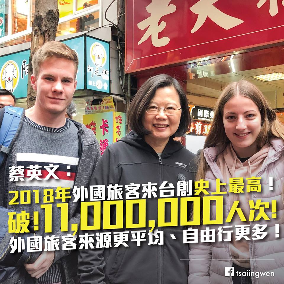 蔡英文總統18日表示，去年來台灣的外國旅客突破1100萬人次，是有史以來最多的一年；更重要的是，觀光客來源更平均了，中國旅客稍微減少，來自歐美、日韓、新南向國家的旅客則全面增加。(圖：蔡英文總統臉書)