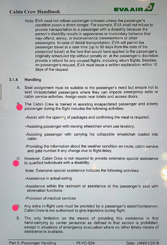 長榮航空表示，根據美國運輸部頒布法令，對於航空公司載運身心不便旅客時，應提供及無須提供之協助有明確規範，並載明於空服員手冊中，長榮空服員不必提供旅客如廁、餵食、醫療服務等特殊照護。（長榮航空提供）