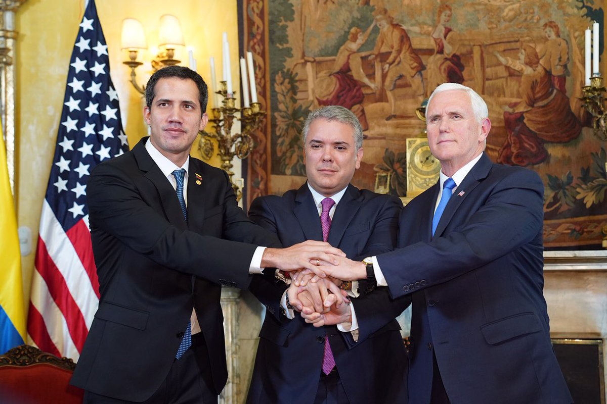 美國副總統彭斯(Mike Pence)和委內瑞拉反對派領導人瓜伊多(Juan Guaido)，25日在哥倫比亞與盟國進行會晤。 (圖:彭斯推特)