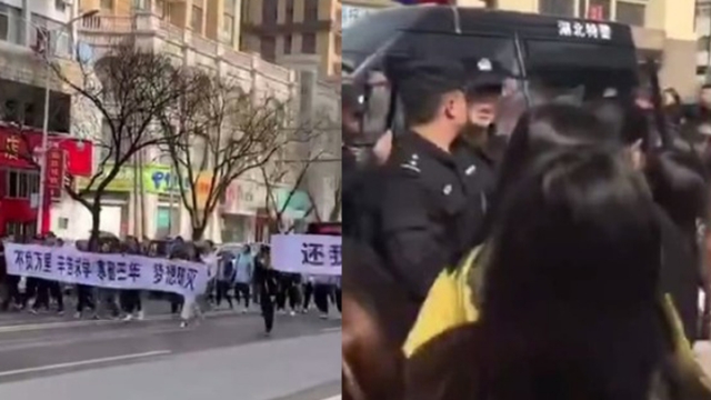 湖北天門市上千名中學生11日上街遊行示威，要求公平高考權利，當局派出大批員警維持秩序，(網路照片)
