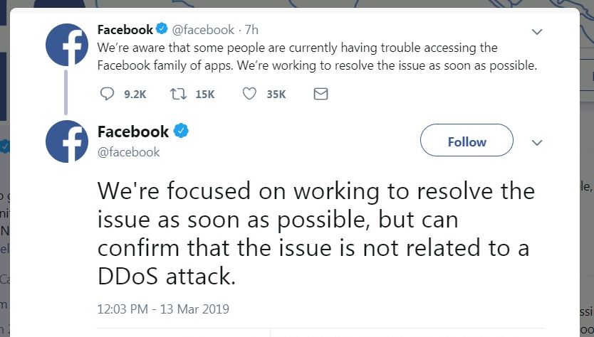 臉書透過推特說明故障狀況，表示無關網路攻擊，目前正努力排除問題。(圖:臉書推特)