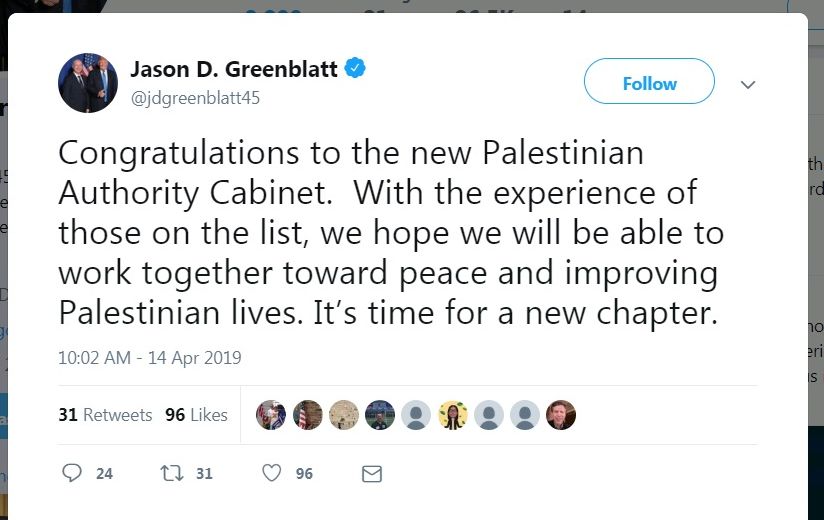美國中東特使葛林布拉特(Jason Greenblatt)14日在推特上寫道：「祝賀新巴勒斯坦當局的內閣。」(圖:推特)