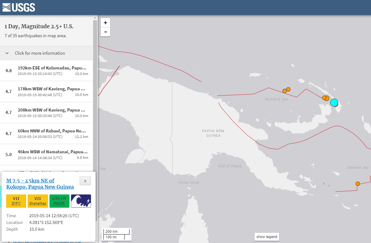 巴布亞紐幾內亞外海14日發生規模7.5強震，巴國當局今天(15日)已經派出災損評估團隊，目前當地尚未傳出重大災損或人員傷亡的消息。（USGS）