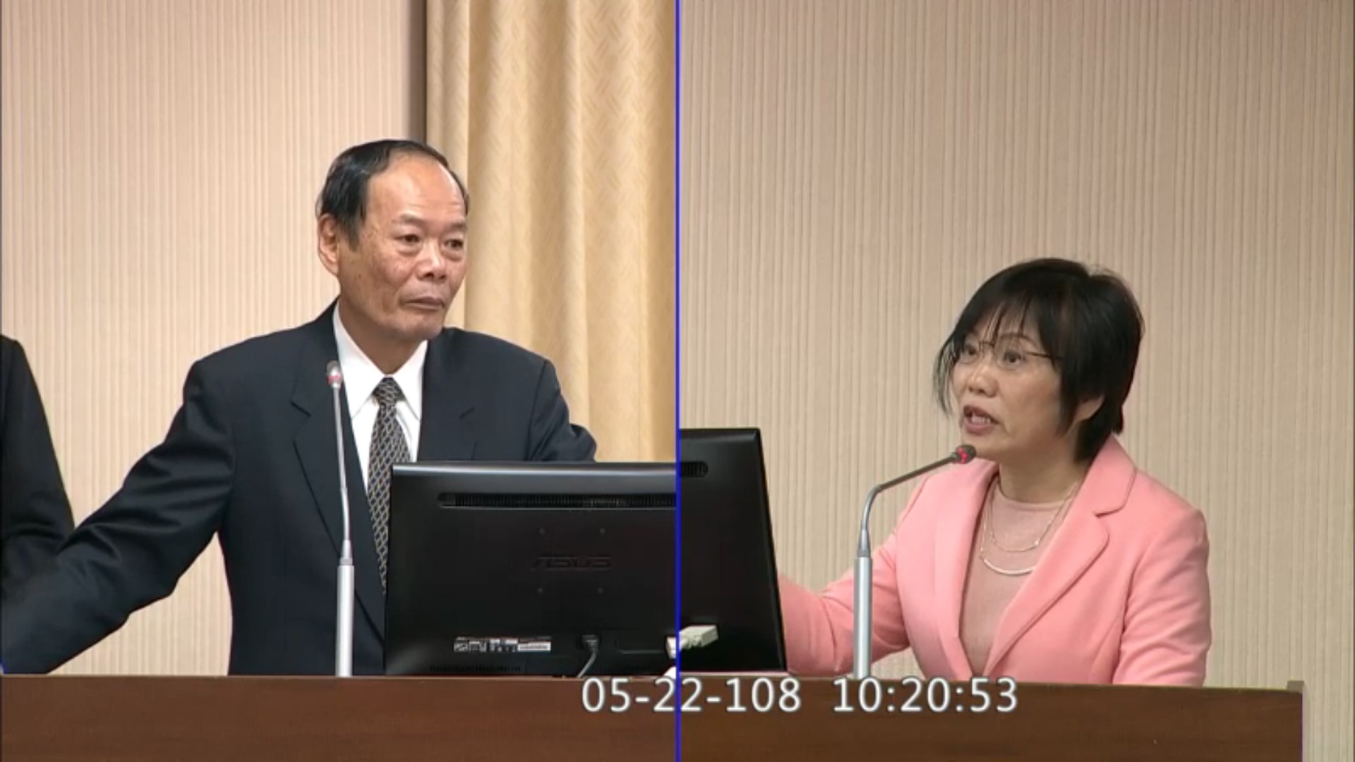 海委會主委李仲威(左)22日在立法院內政委員會表示，金門和馬祖的海廢主要來源是中國。(擷取自立院視訊系統)